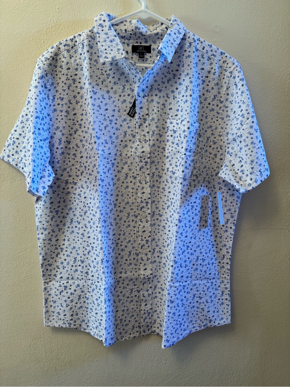 NWT George Men's Short Sleeve Floral Button Up Shirt White Blue Ditsy Flower - L